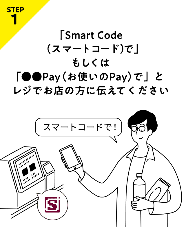 STEP1 「Smart Code（スマートコード）で」もしくは「●●Pay（お使いのPay）で」とレジでお店の方に伝えてください
